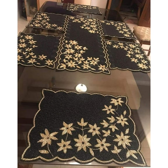 Black And Gold Table Runner And Placemats Set, Floral Beaded Table Runner And Tablemats, Luxury Summer Tableware