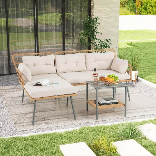 Costway 3 PCS Corner Patio Furniture Cushioned Sofa Set with Small Coffee Table Outdoor