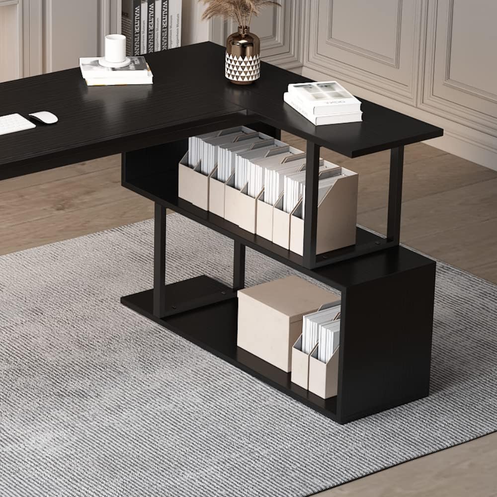 L Shaped Computer Desk with 2 Shelves Bookshelf, Modern Corner Computer Desk with Storage, Office Desk Study Table Writing Desk for Home Office
