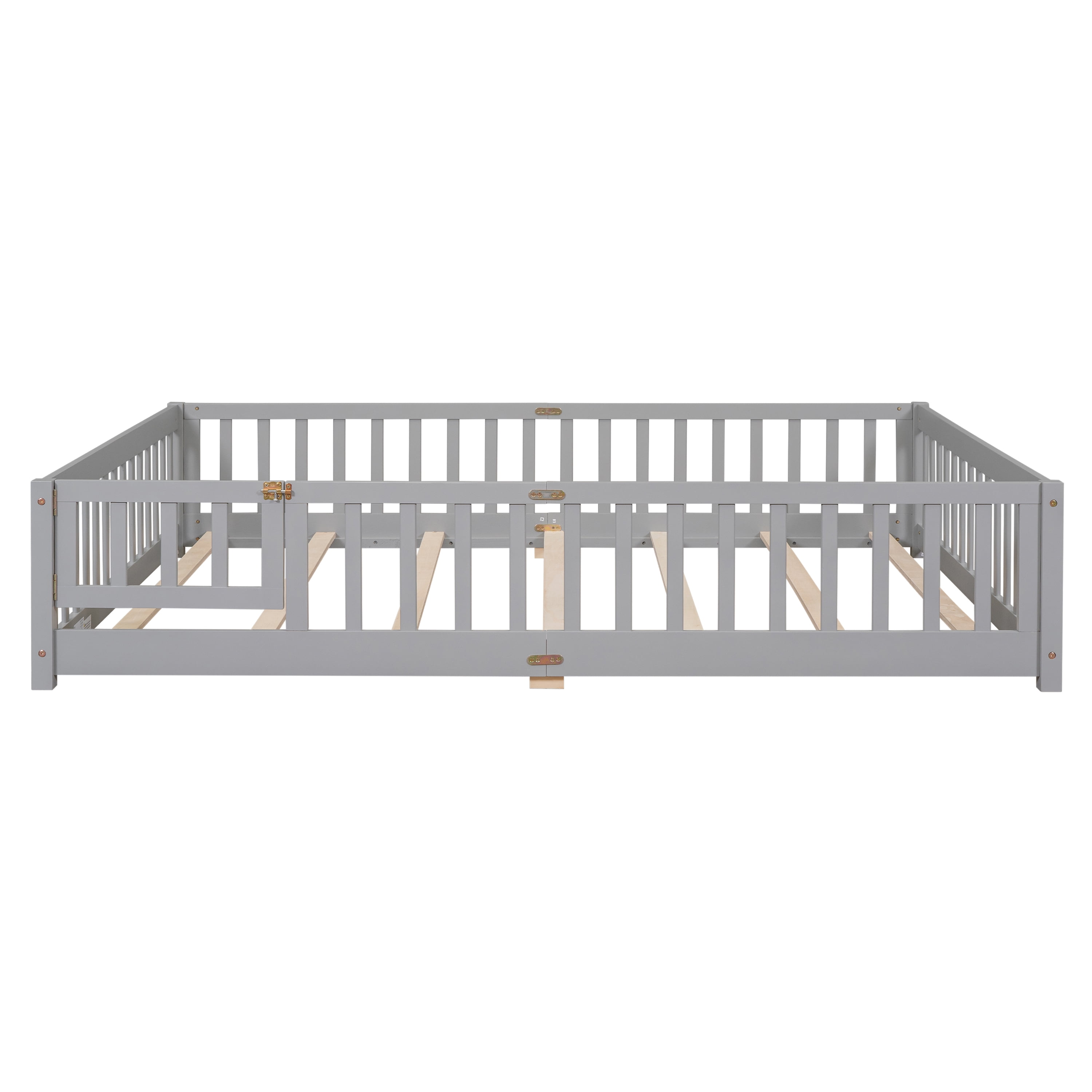 Miniyam Wood Queen Size Floor Bed with Safety Guardrails for Toddler, Gray