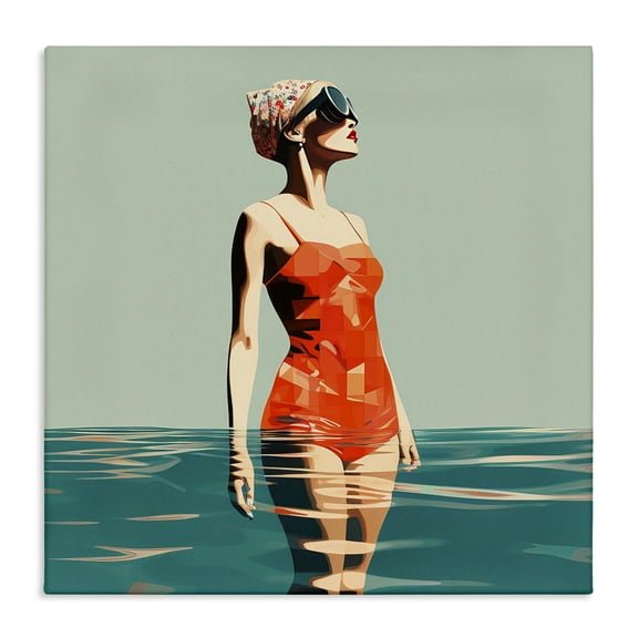 Stupell Industries Retro Woman in Swimsuit Novelty Painting Gallery Wrapped Canvas Art Print Wall Art, 17 x 17