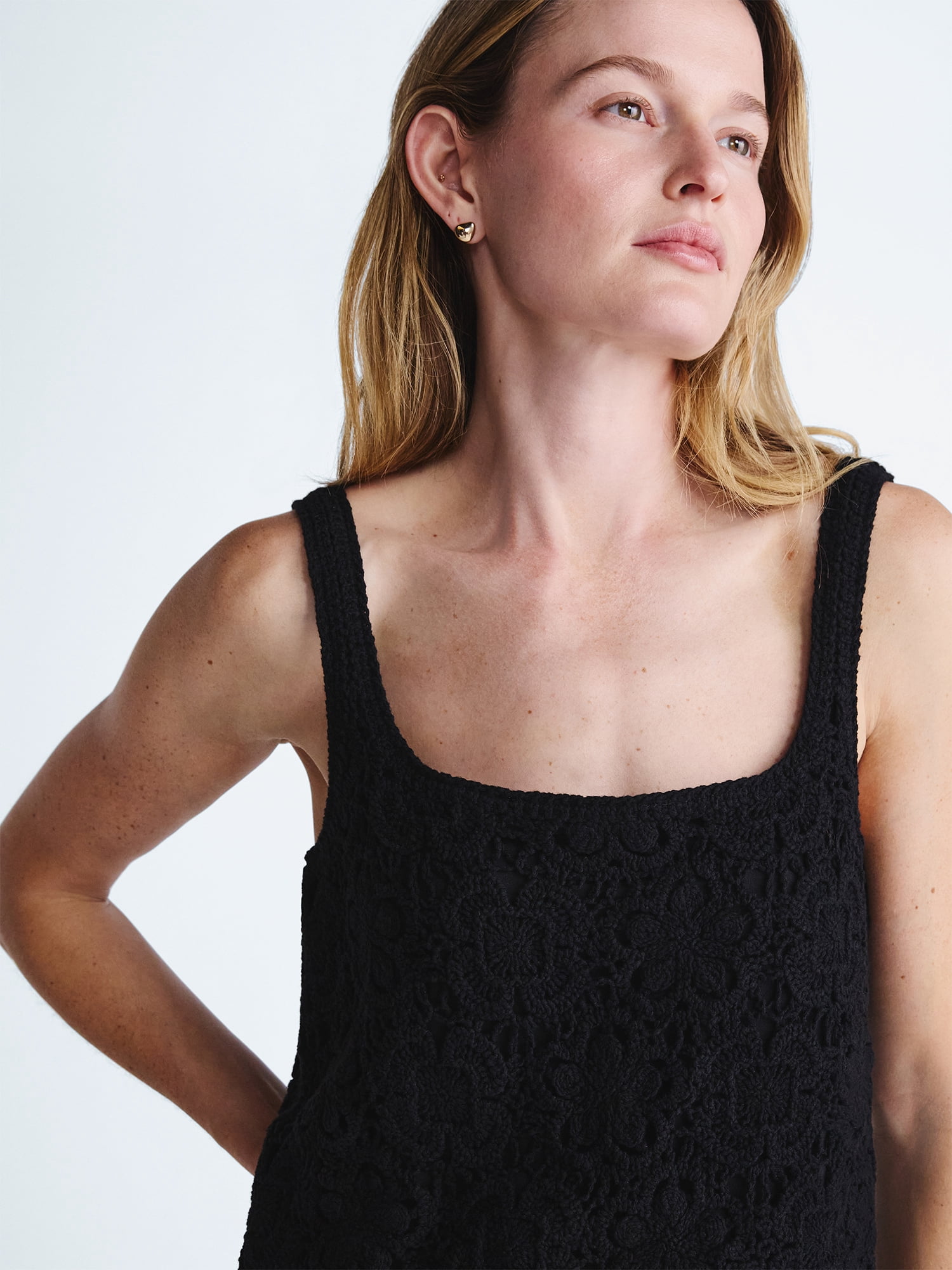Scoop Women's Square Neck Crochet Cotton Tank Top, Sizes XS-XXL