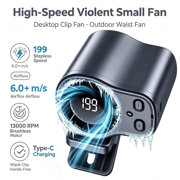 2026 Portable Clip-On Air Cooler Fan , USB Rechargeable Mini Fan with 360° Rotation, 199-Speed LED Display for Office Beach Camping(Black)