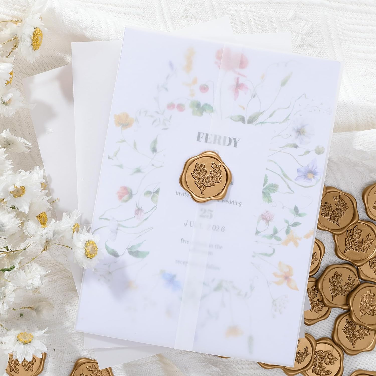 50 Sets Pre-Folded Vellum Jackets for 5x7 Invitation & Gold Eucalyptus Wax Seal Stickers, Wedding Invitations Wraps Bulk for Wedding Bridal Baby Shower Envelopes