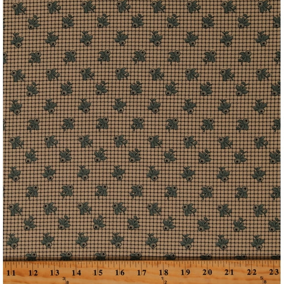 Cotton Paula Barnes Leaves Flowers Plants Plaid Patterned Design Historical Cream Cotton Fabric Print by the Yard (R220334-CREAM)