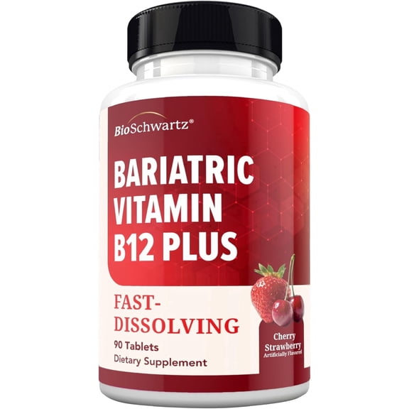 BioSchwartz Bariatric B12 Dissolvable Tablets, 1000 mcg Vitamin B12 with Vitamin B6, Folate & Biotin, Cherry Strawberry, 90 Tablets, 3-Month Supply, Third-Party Tested