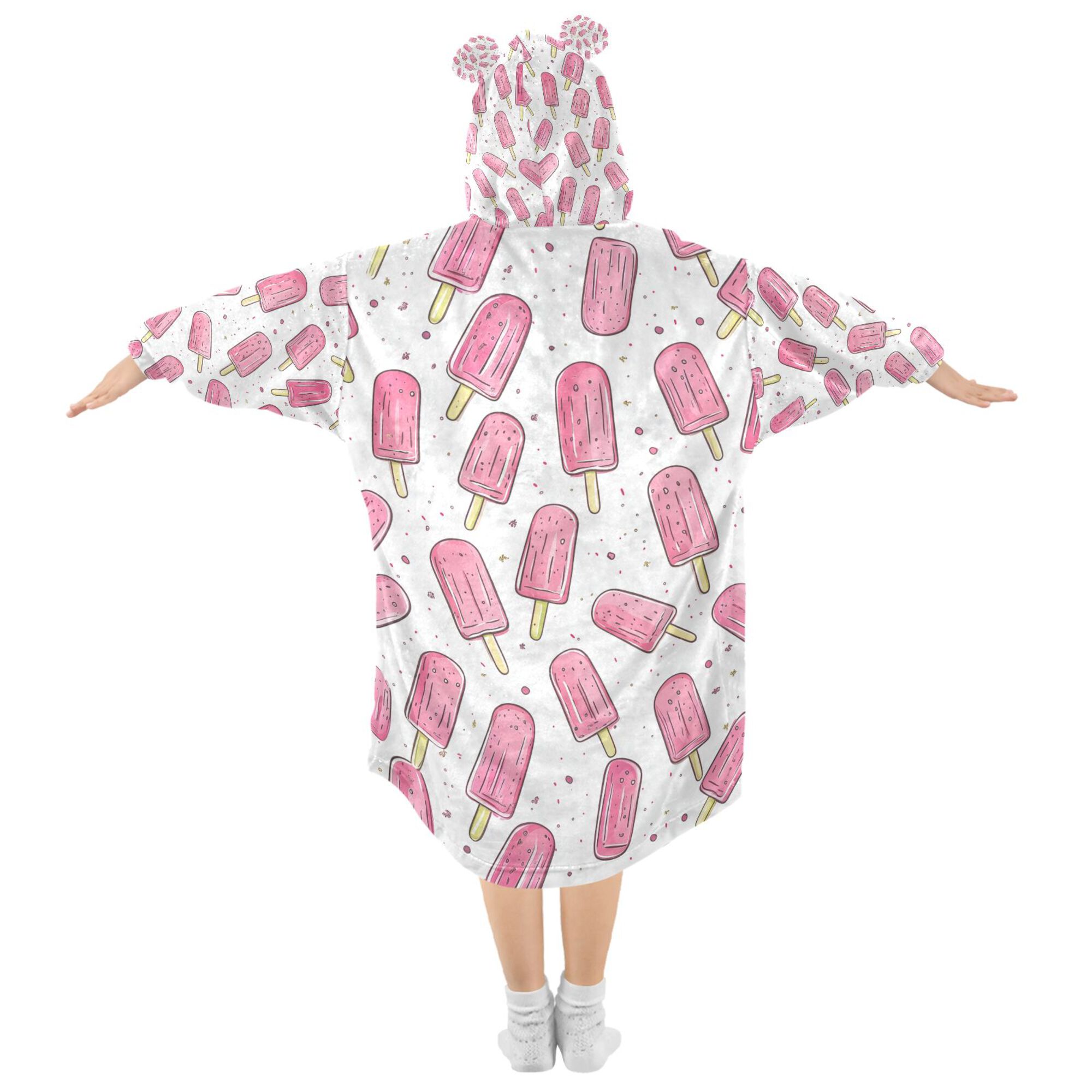 FORMRS Wearable Blanket Hoodie with Sleeves for Kids Cozy Flannel Sweatshirt, Pink Popsicle Pattern