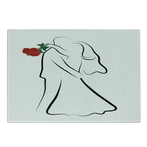 Wedding Cutting Board, Classical Simple Silhouette of Wedding Couple in Love Red Roses Happy Moments, Decorative Tempered Glass Cutting and Serving Board, Small Size, Vermilion Black, by Ambesonne