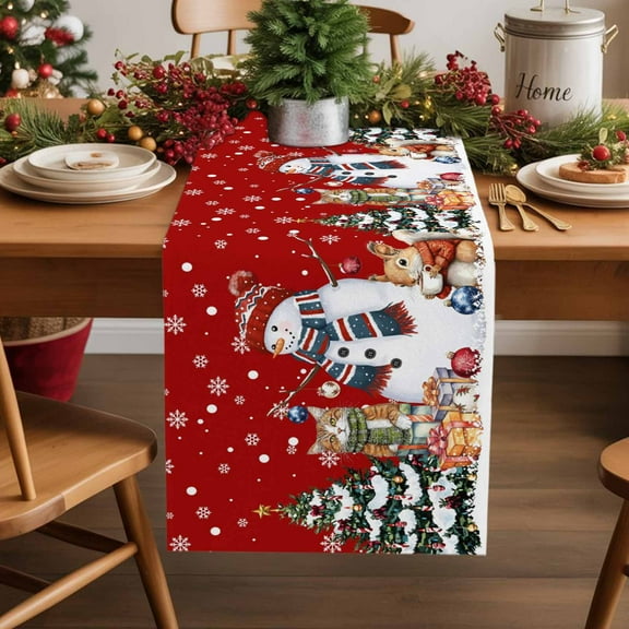 Burlap Table Runner 36 Inches Long,Christmas Snowman Snowflake on Red Non-Slip Kitchen Table Runners for Dining Room Everyday Use Party Table Decorations Pine Tree Squirrel