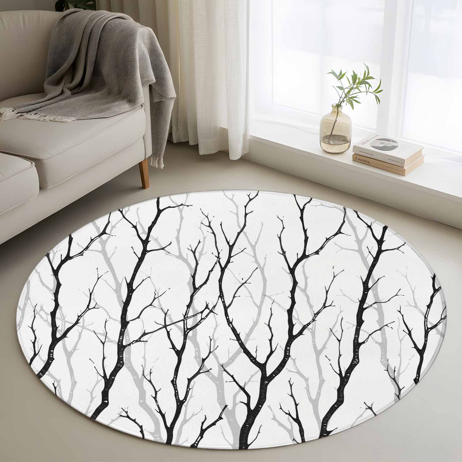 Round Area Rug 4ft Abstracts Branches Silhouettes Non-Shedding Washable Area Rug Country Plant Non Slip Low-Profile Circle Rugs for Living Room Bedroom Dining Room