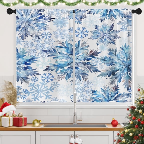 Christmas Kitchen Curtains Blue Window Short Tier Curtains Over Sink Set of 2, Snowflakes Winter Kitchen Decor 26" x 36"