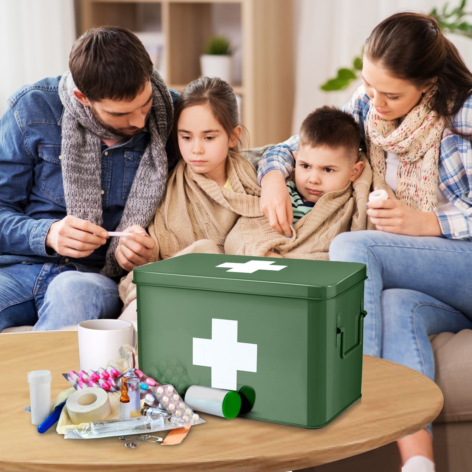 First Aid Medicine Box Supplies Kit Organizer - 12.5" Green Metal Tin Medic Bin Hard Case with Removable Tray Handle Storage Compartment, Vintage Antique Empty Boxes for Home Family Emergency Tool