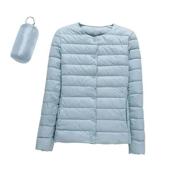 Hogleaql Women's Packable Puffer Jacket Comfortable Long Sleeve Button dowm Without Collar Quilted Coat Insulated Water-Resistant Puffy Jacket with Pockets Fall Winter Outerwear Light Blue 2XL