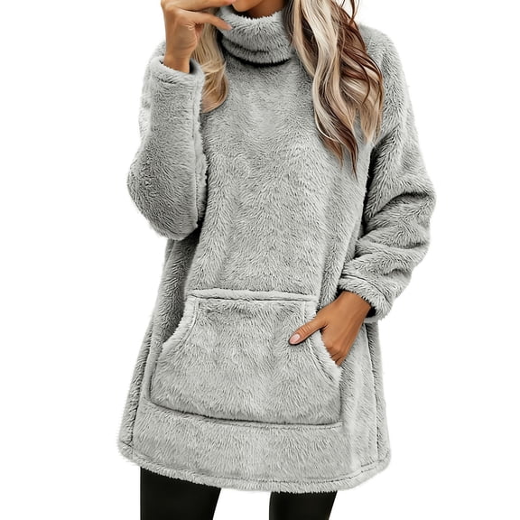 Women's Extra Long Sherpa Lined Fleece Sweatshirt, Fall Winter Warm Sweater Cozy Turtleneck Fleece Sweater Sherpa Long Sleeve Women's Turtleneck Fleece Sweater Sweatshirt for Women, Light Ashy 3XL