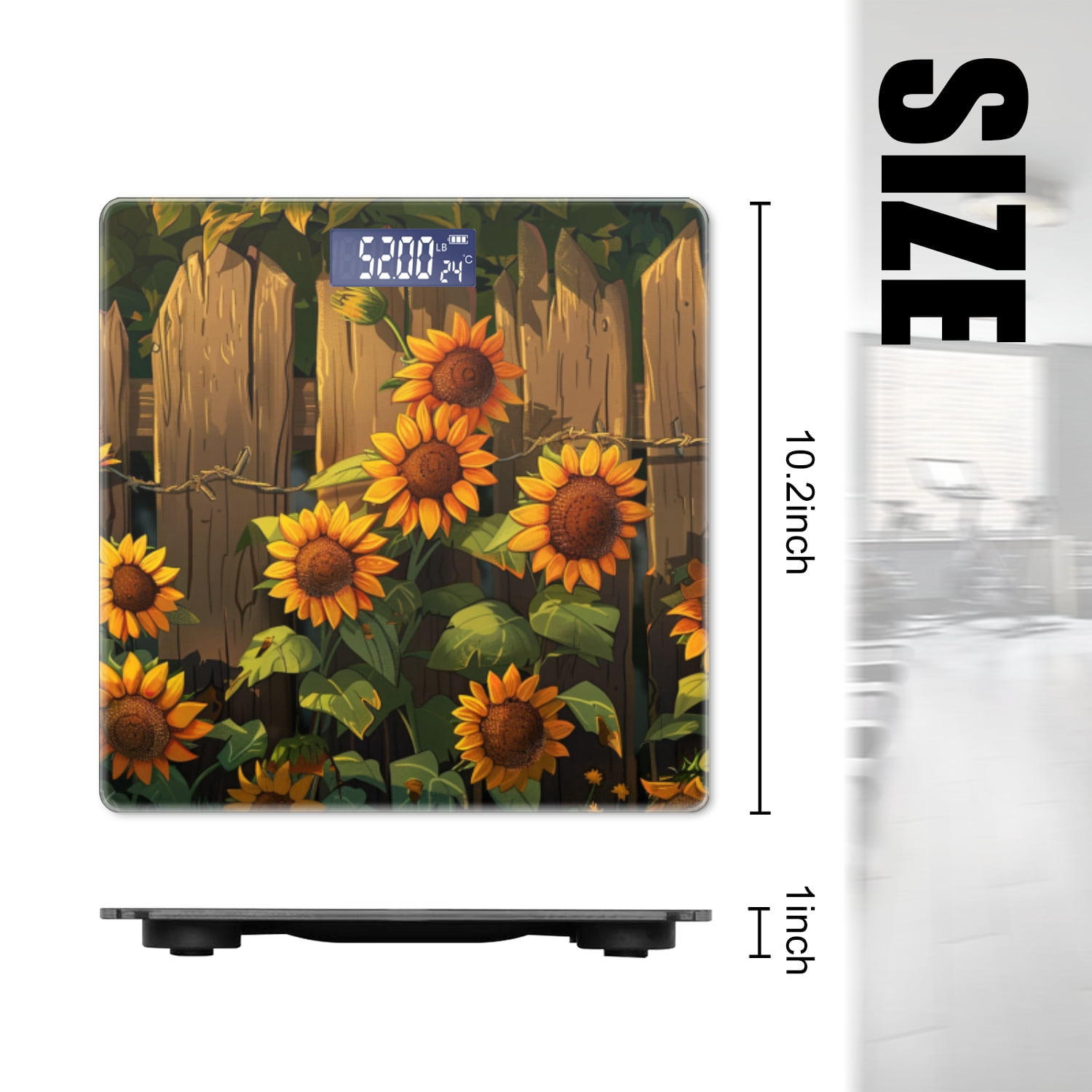 High Precision Body Weight Scale Smart Bathroom Scales with Large LCD Display(400lbs),Decorative for Bedroom-Wooden Fence With Sunflowers