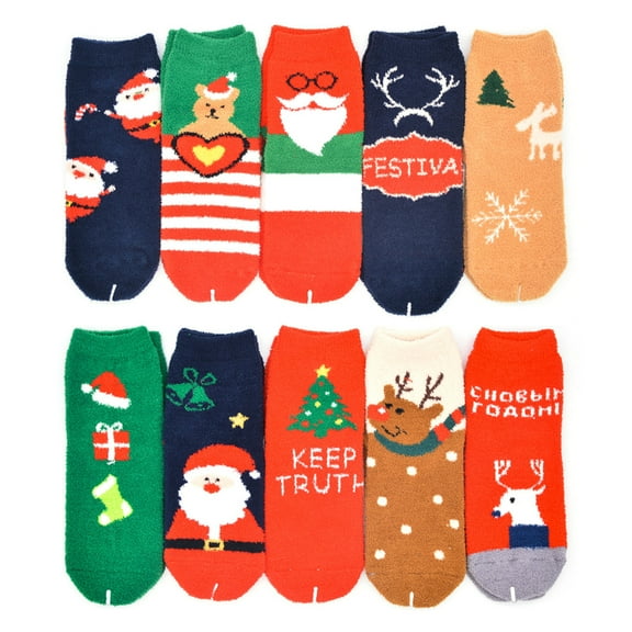 XISAOK 10 Pairs Women Christmas Holiday Fuzzy Crew Socks Cute Cartoon Santa Elk Print Winter Warm Terry Towel Slipper Hosiery
