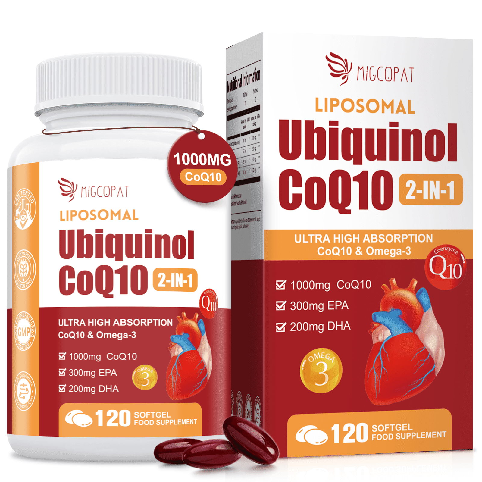 Migcopat Liposomal CoQ10 Ubiquinol Softgels, for Antioxidant, Heart, Energy and Brain Support, Gluten Free, 120 Softgels