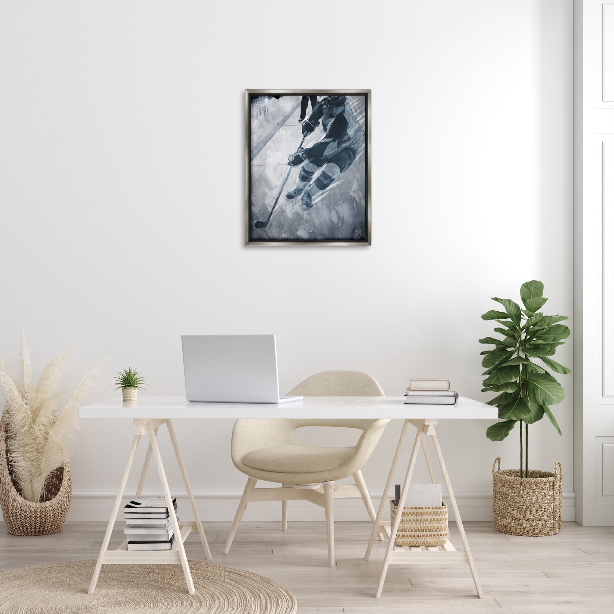 Stupell Industries Abstract Hockey Player Sports Painting Gray Floater Framed Canvas Art Print Wall Art, 25 x 31