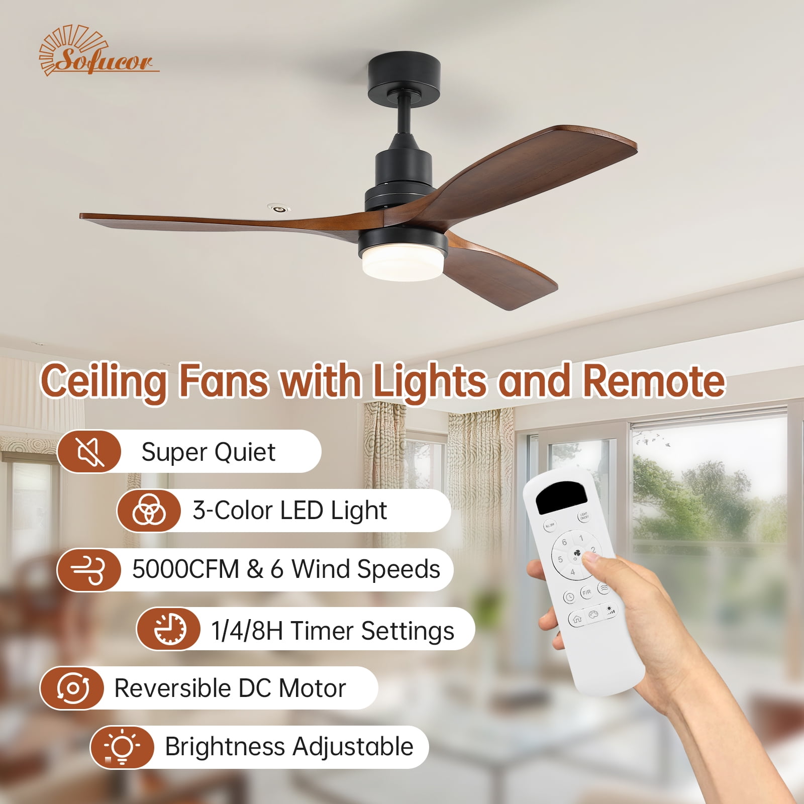 Sofucor Low Profile Ceiling Fan With Lights Remote Control 52 Inch Flush Mount Ceiling Fan Modern Wood Blade Fan For Bedroom Living Room Indoor Outdoor Farmhouse Patio, Noiseless DC Motor