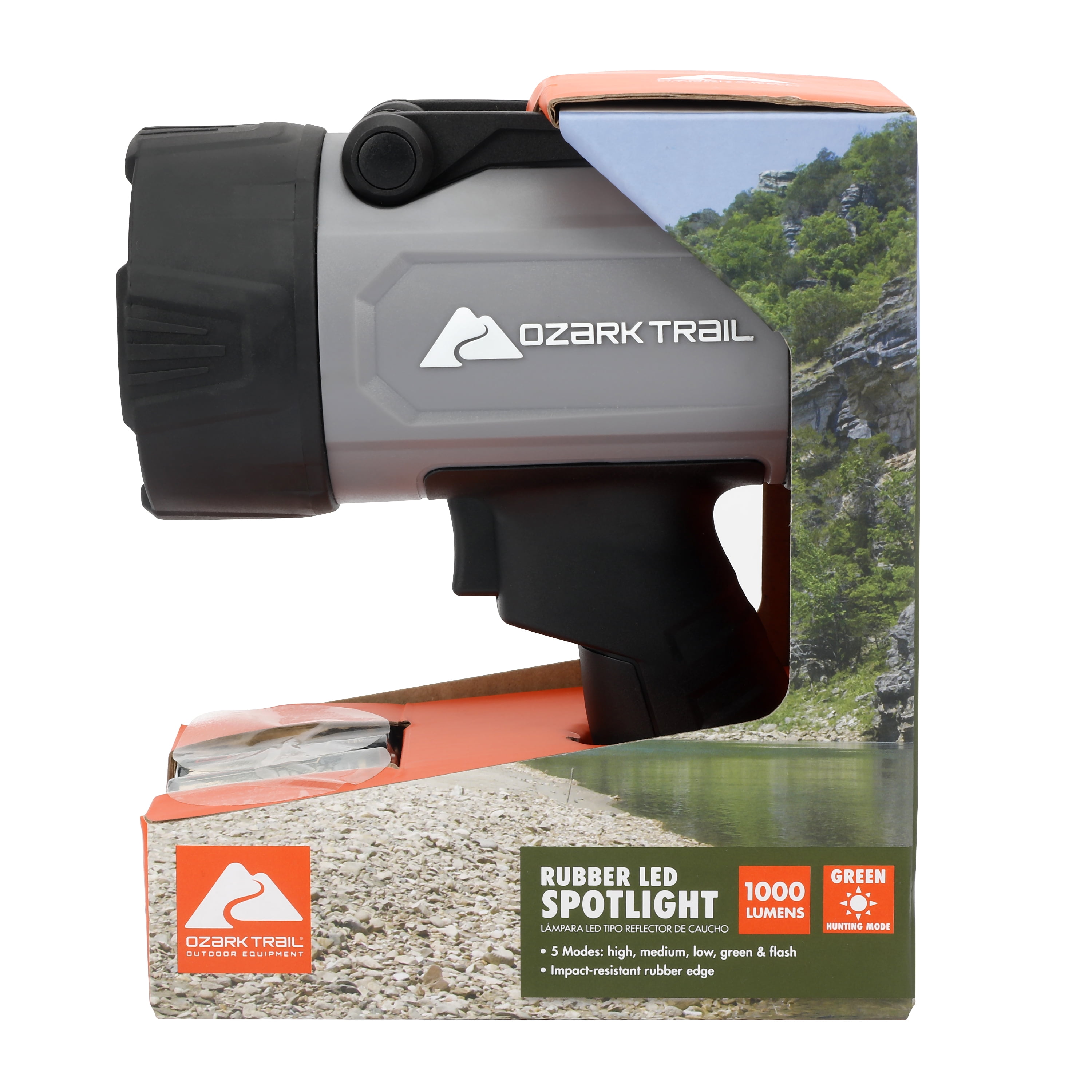 Ozark Trail 1000 Lumen LED Spotlight with Rubber Bumpers with Green Hunting Flashlight Light, AA Battery