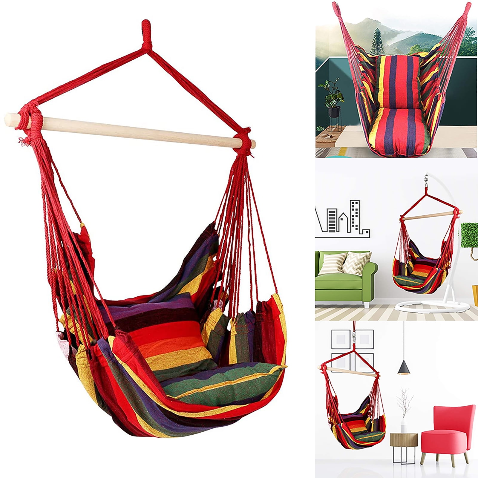 Lemonbest Canvas Swing Chair Hanging Rope Chair Hammocks With 2 Pillows