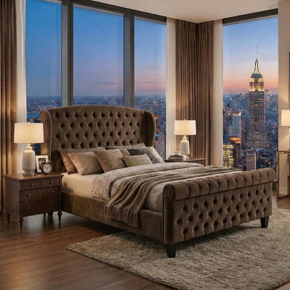 Sailvan Queen Size Sleigh Bed Frame Upholstered in Chenille with High Offset/Tufted Headboard and Footboard with Button Tufting, No Box Spring Needed