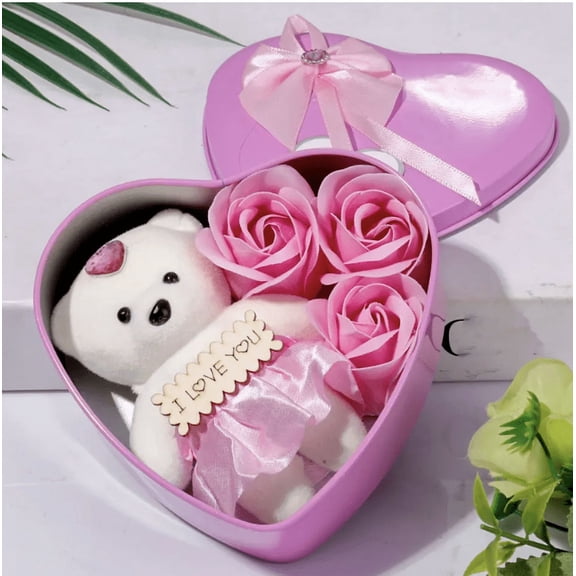 Teddy Bear Plush Heart Gift Set with Rose Artificial Flowers, Pink