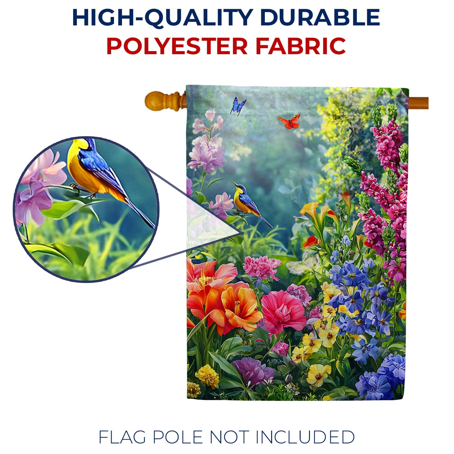America Forever Summer Garden Bird House Flag, 28 x 40 inch Double Sided, Flowers Butterfly Wildlife, Spring Cottage Nature Banner