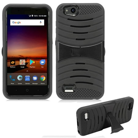 Phone Case For Consumer Cellular ZTE Avid 557 / Verizon ZTE Blade Vantage / Boost ZTE Tempo-X N9137 / ZTE Avid-4 Rugged Heavy Duty Armor Cover Stand (Armor Case Black Skin-Black Stand