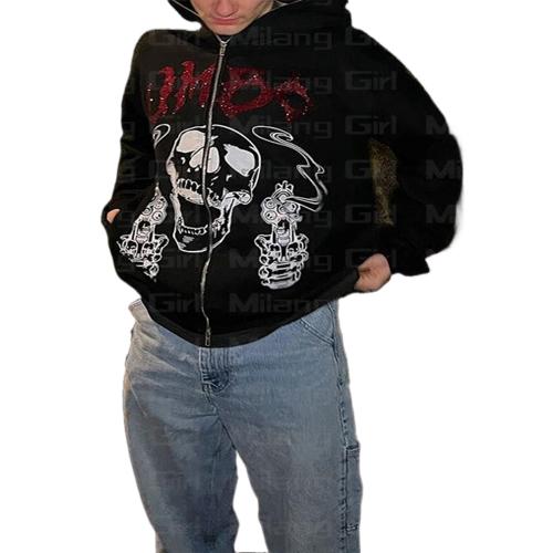 Womens Y2k Rhinestone Skull Print Streetwear Hoodies Coat 