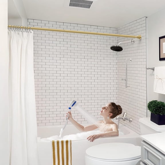 JUNCHI-Gold Shower Curtain Rod 30-76 inch(2.5-6.33ft) 1PCS Shower Curtain rod No Drilling Gold Shower Rod Non-Slip Adjustable Shower Curtain Rod Never Rust for Bathroom Window Living room