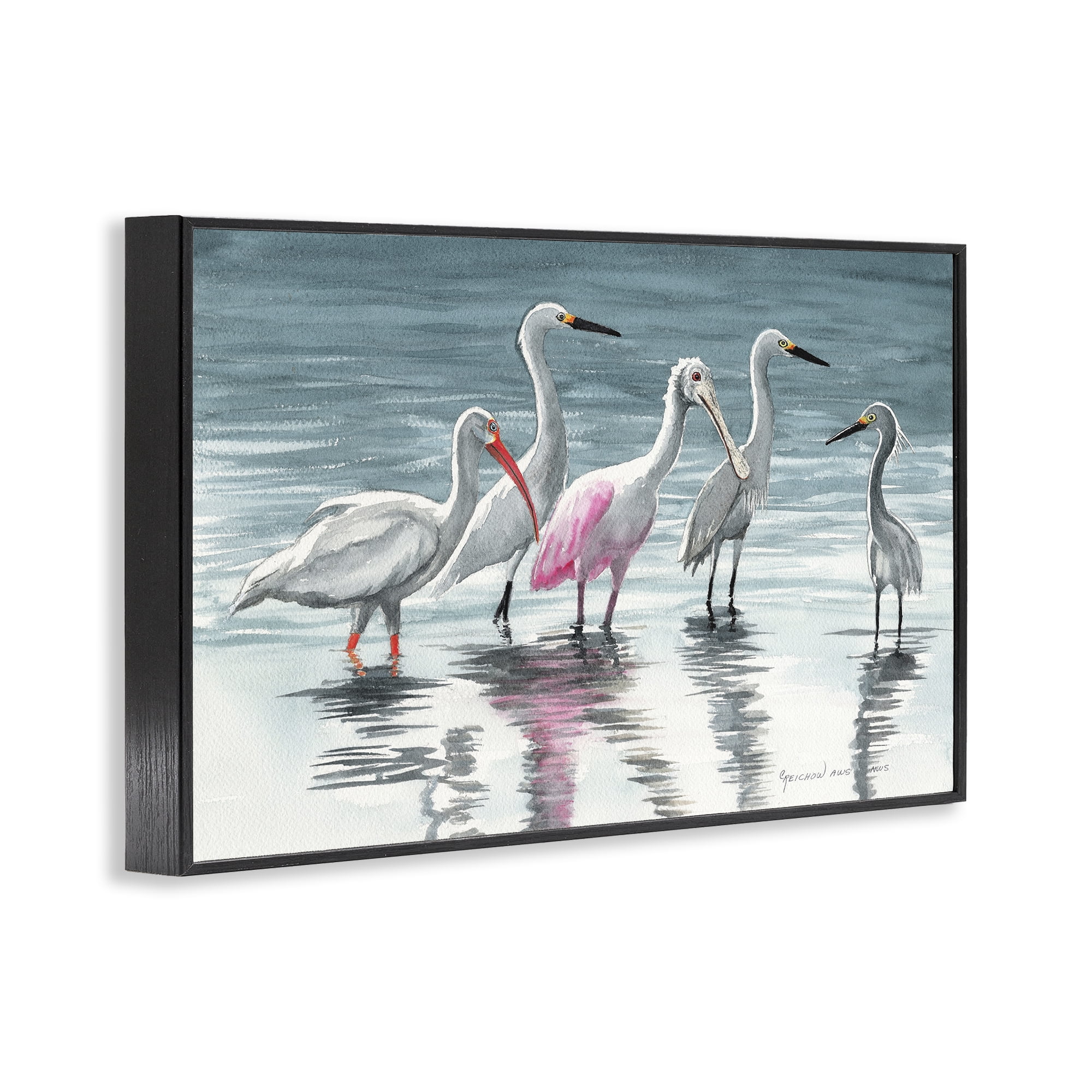 Stupell Industries Herons Stepping in Shore Animals & Insects Painting Black Framed Art Print Wall Art, 18 x 12