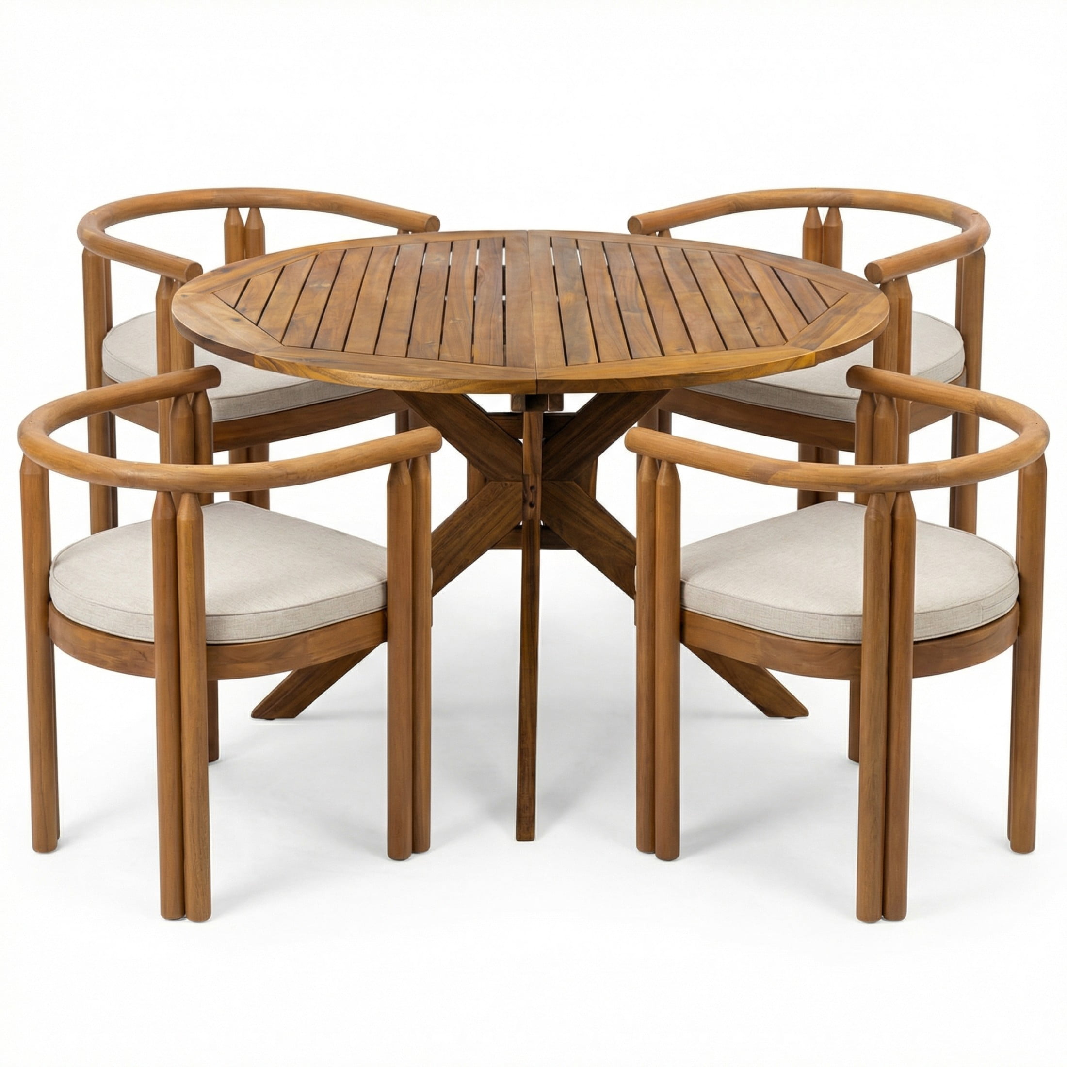 Christopher Knight Home 5-Piece Outdoor Wood Dining Set, Round Table with Beige Cushion Armchairs, Teak