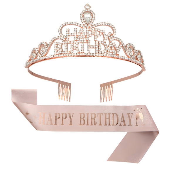 DESIGNICE Birthday Sash and Crown,Alloy Full Diamond Birthday Crown,Princess Tiara with Comb,Crown for Women to Attend Parties and Holiday Gatherings,Rosegold