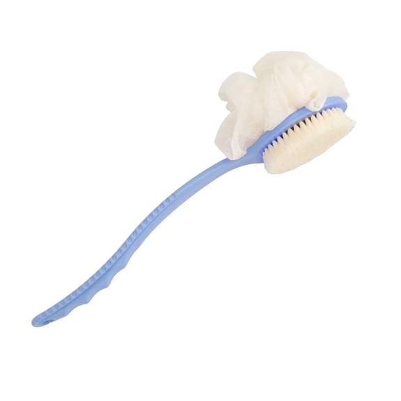Shower Body Brush with Bristles and Loofah,Back Scrubber Bath Mesh Sponge with Curved Long Non-Slip Handle Skin Exfoliating Massage Suitable for Men and Women (Blue)