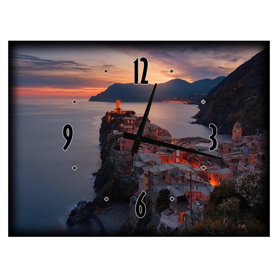 WAll Clock on Canvas Print Sunset Beach Coast Town Travel Destination Home Decor Large Clock Wall Art 12 x 16 inch for Room
