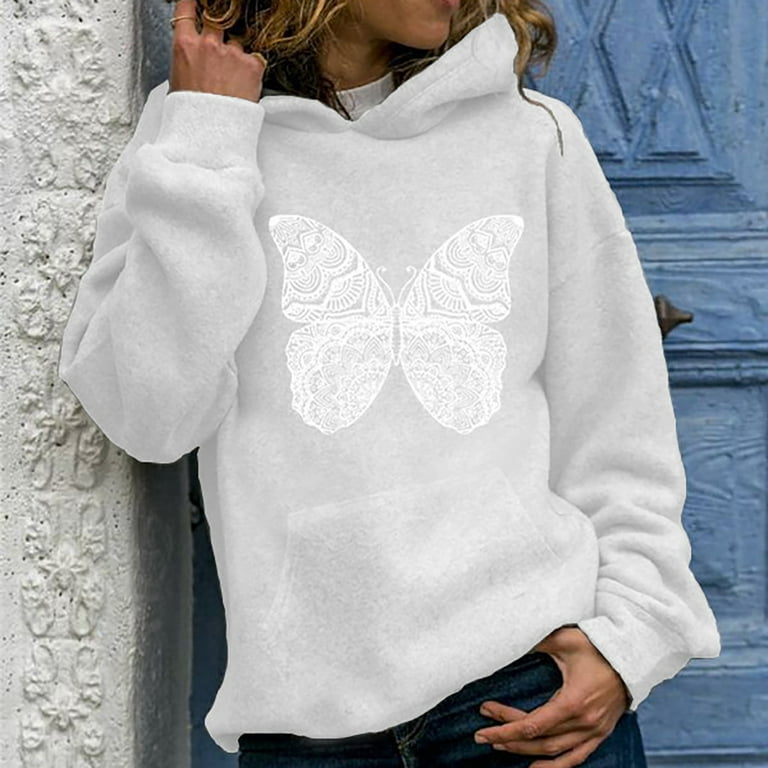 Fesfesfes Women Hooded Hooded Butterfly Print Sweatshirt Long