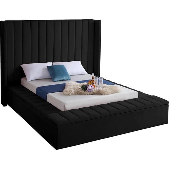 Pemberly Row Contemporary Solid Wood and Velvet King Bed in Black
