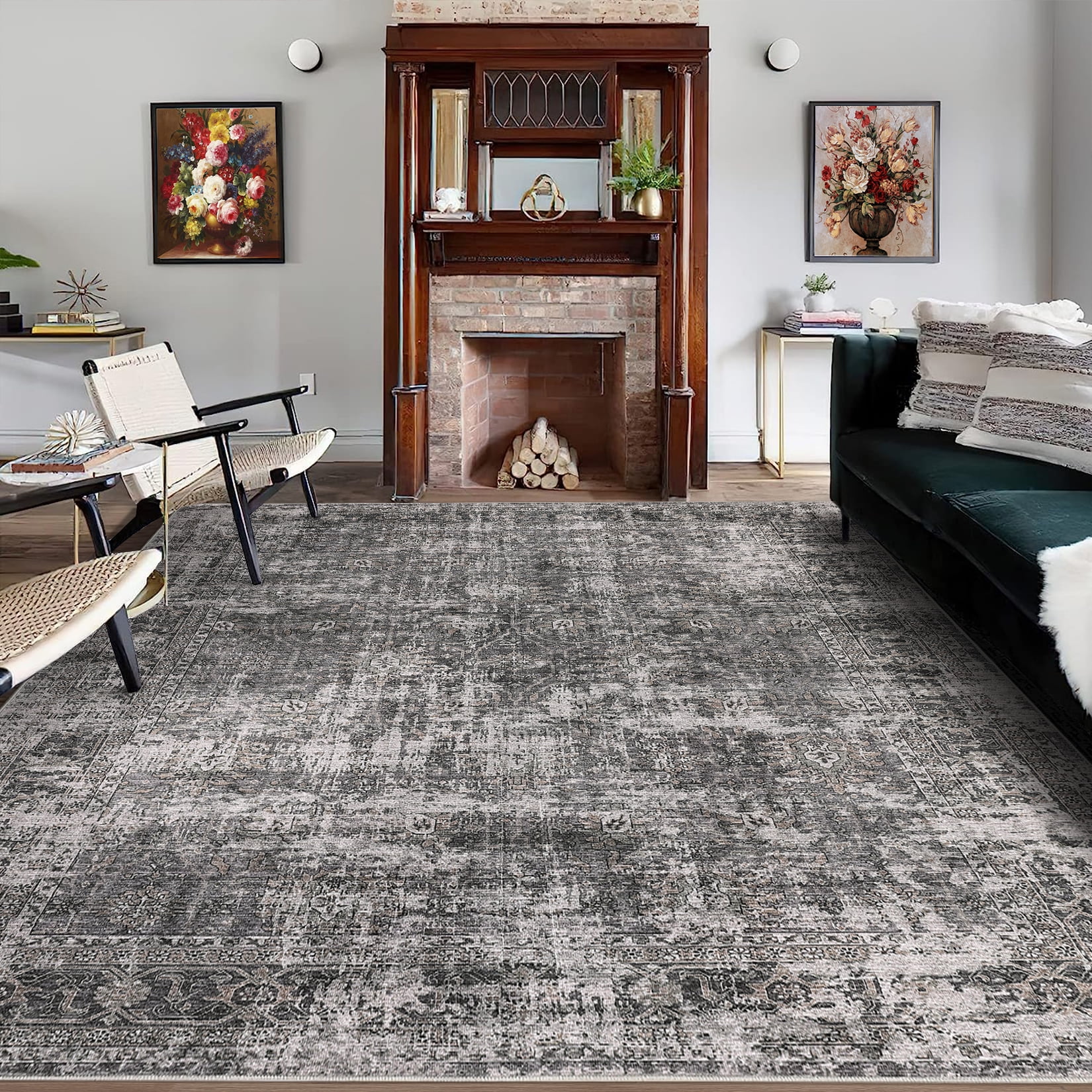 FairOnly 5'x7'Oriental Distressed Area Rug Machine Washable Non Slip Vintage Soft Indoor Floor Cover for Living Room Bedroom Office Study Room,Grey