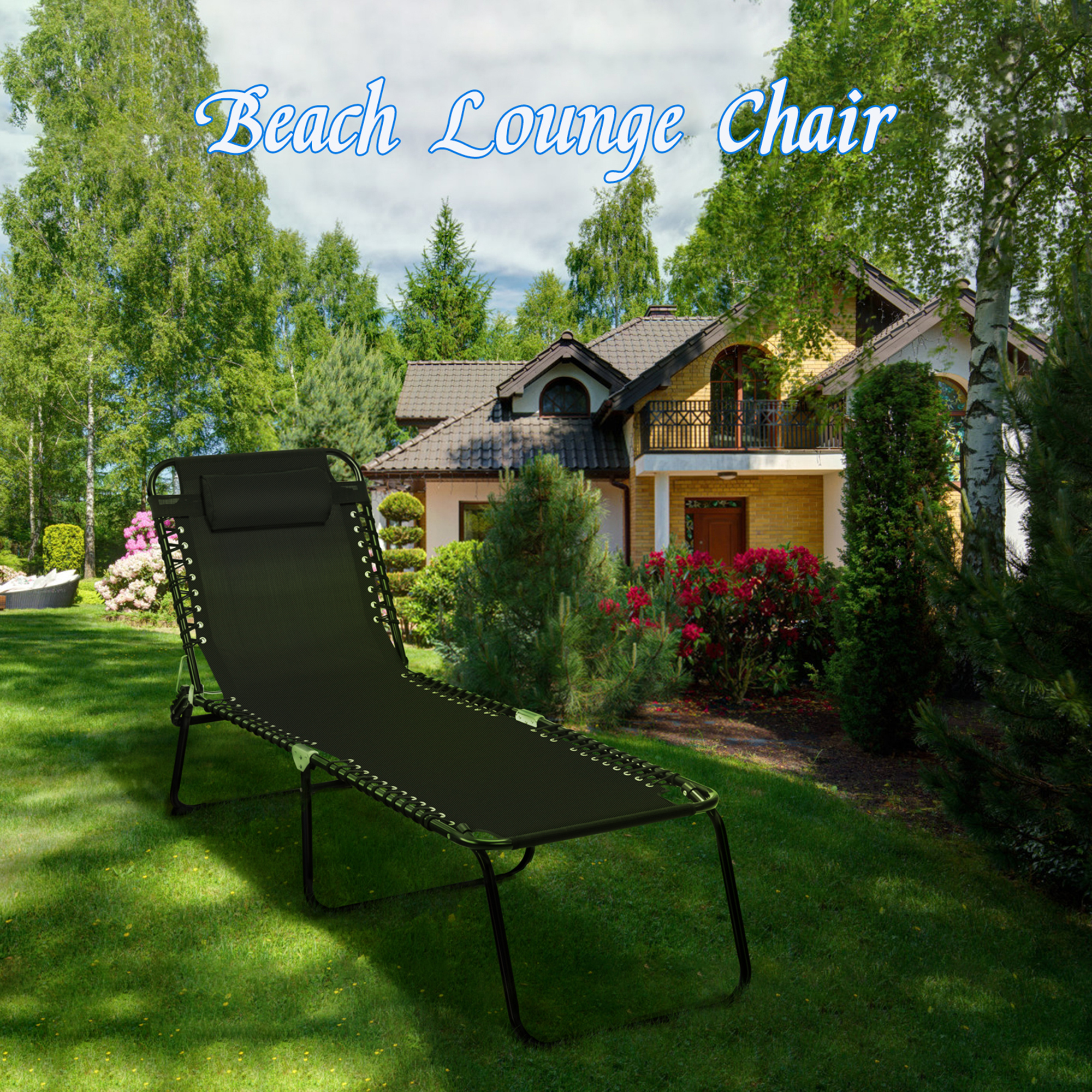 Gymax Folding Beach Lounger Chaise Lounge Chair w/ Pillow 4-Level Backrest Black - image 3 of 10