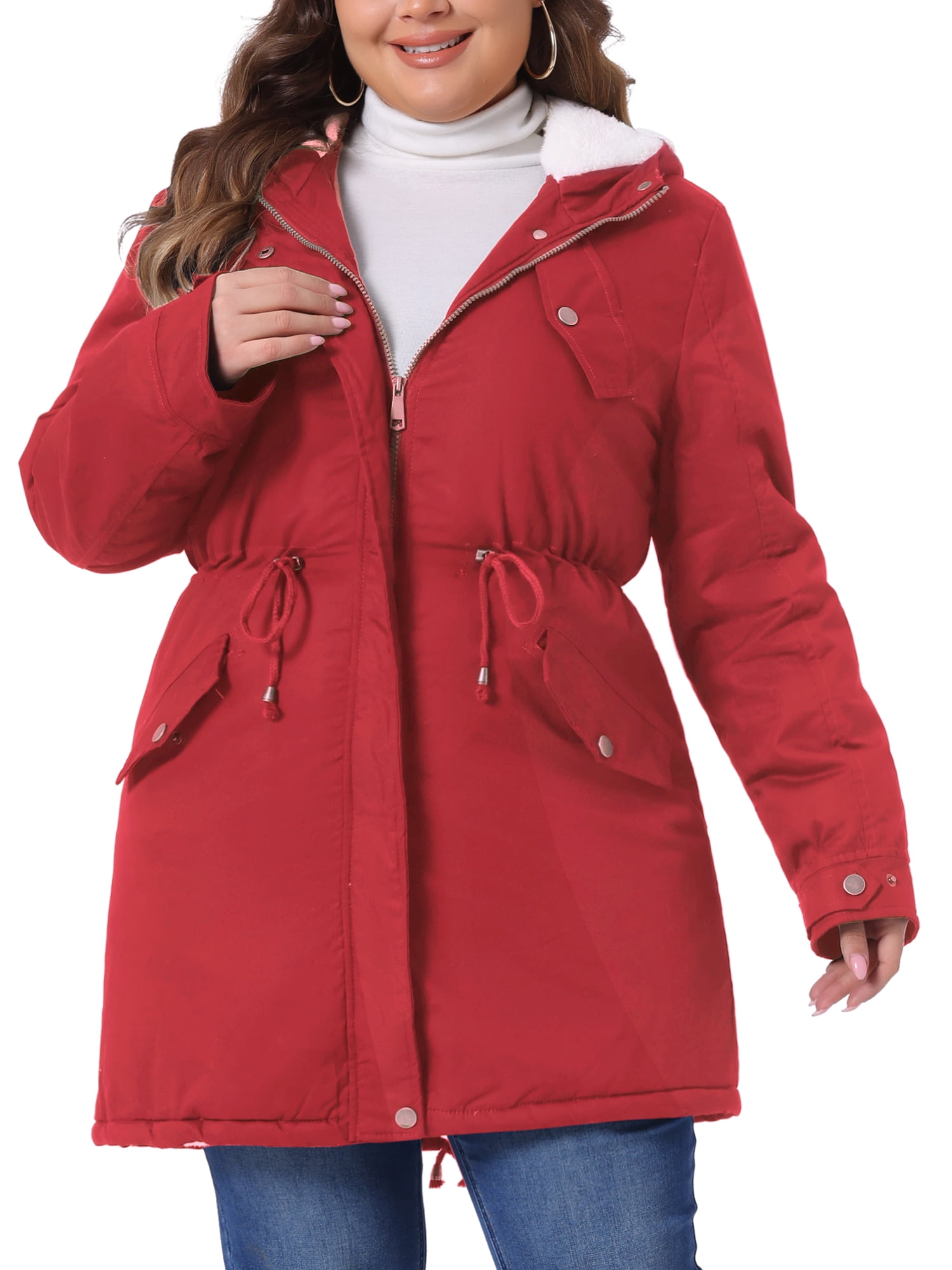 DARING DIVA Women's Plus Size Faux Fur Lined Long Anorak with Hood 2X Red