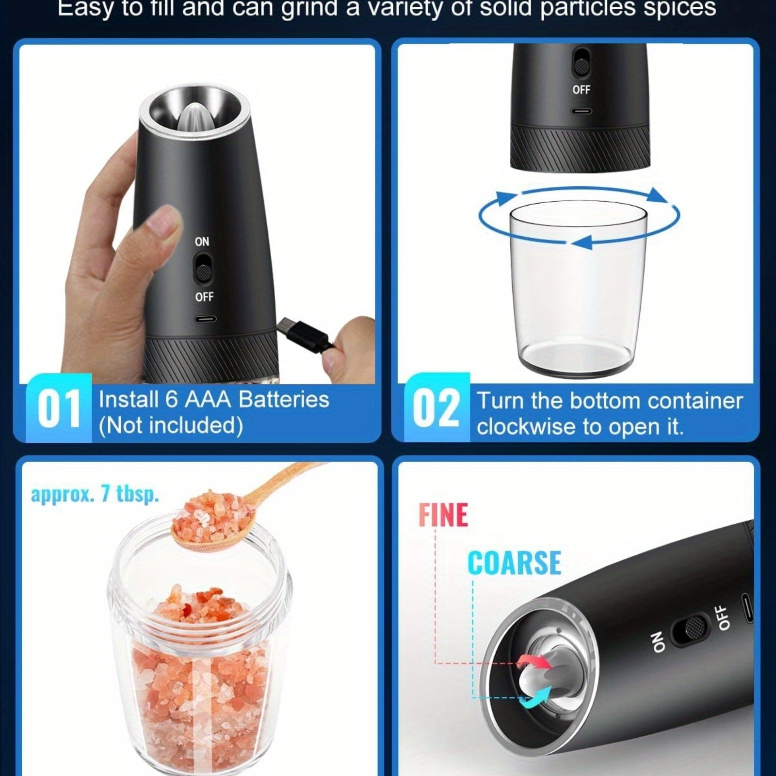 Gravity Electric Salt and Pepper Grinder Set, Adjustable Coarseness, No Batteries Needed, LED Light, One-Hand Automatic Operation, Black - Perfect Holiday Gift for Christmas.