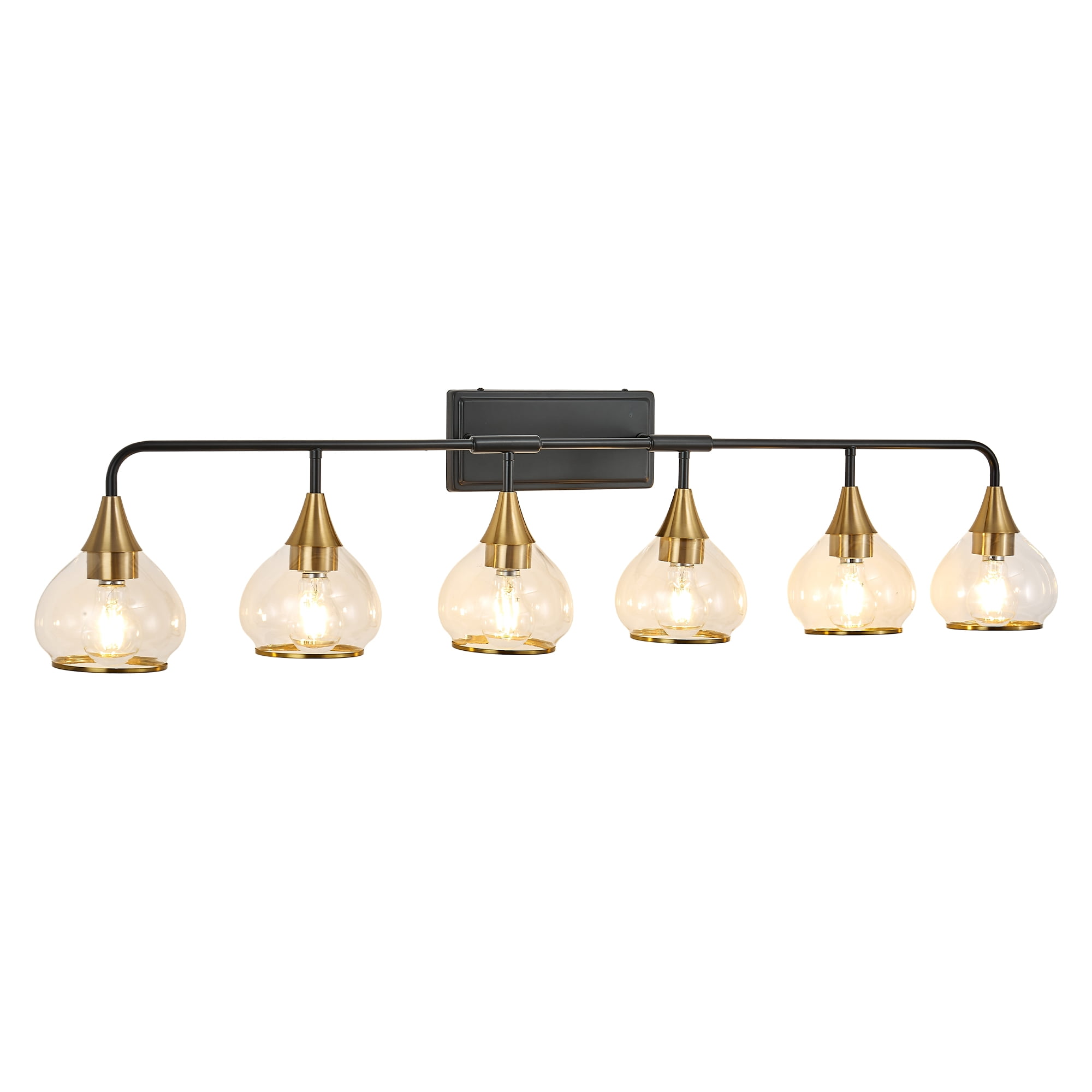 Art Deco 6-Light Vanity Light Fixture,  Bathroom Fixture with Clear Glass Shades, Black and Gold, 48 Inch Modern