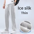 thumbnail image 4 of Men Pants Mid-Rise Elastic Waistband Sweatpants Drawstring Pocket Wide Leg Ribbed Ultra-Thin Ice Silk Casual Trousers Streetwear, 4 of 5