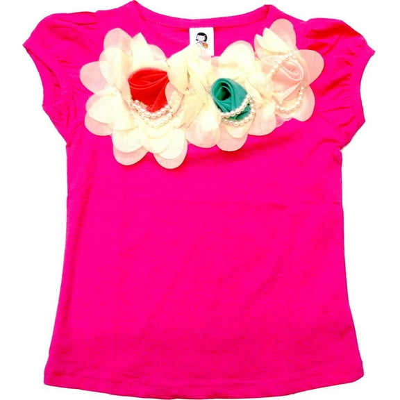 Wenchoice Girl'S Hot Pink Short Sleeve Shirt With 3 Rose  S(1T-2T)