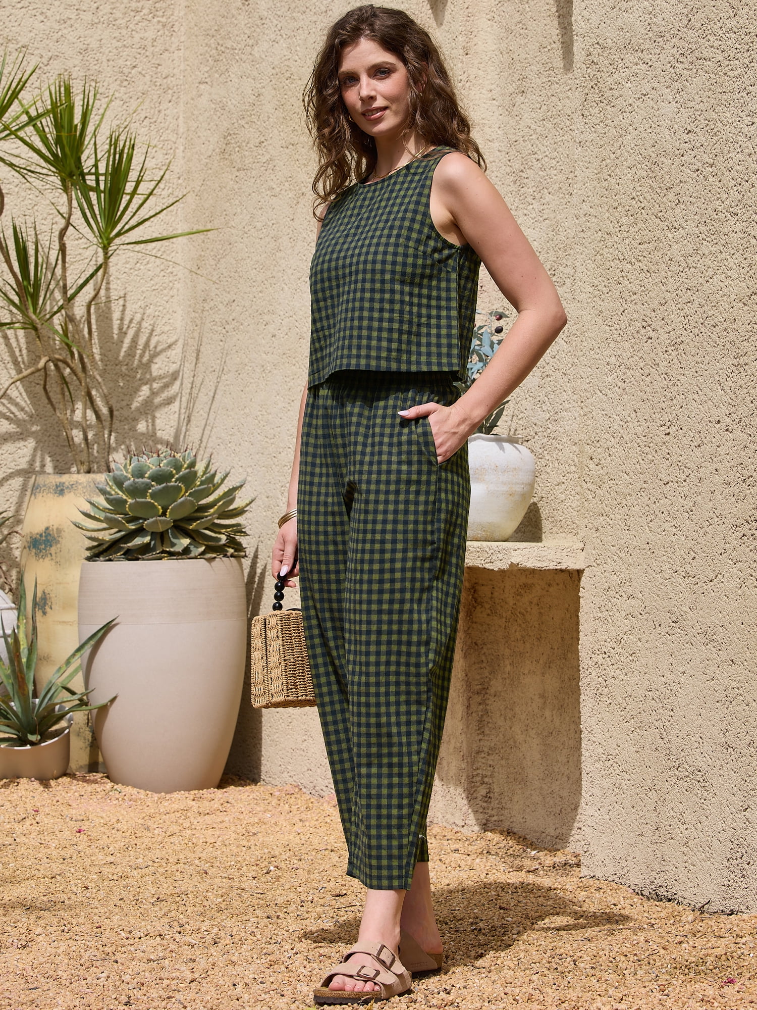 DARING DIVA Women's Gingham Pants Set 2 Piece Outfits Sleeveless Crop Top S Army Green