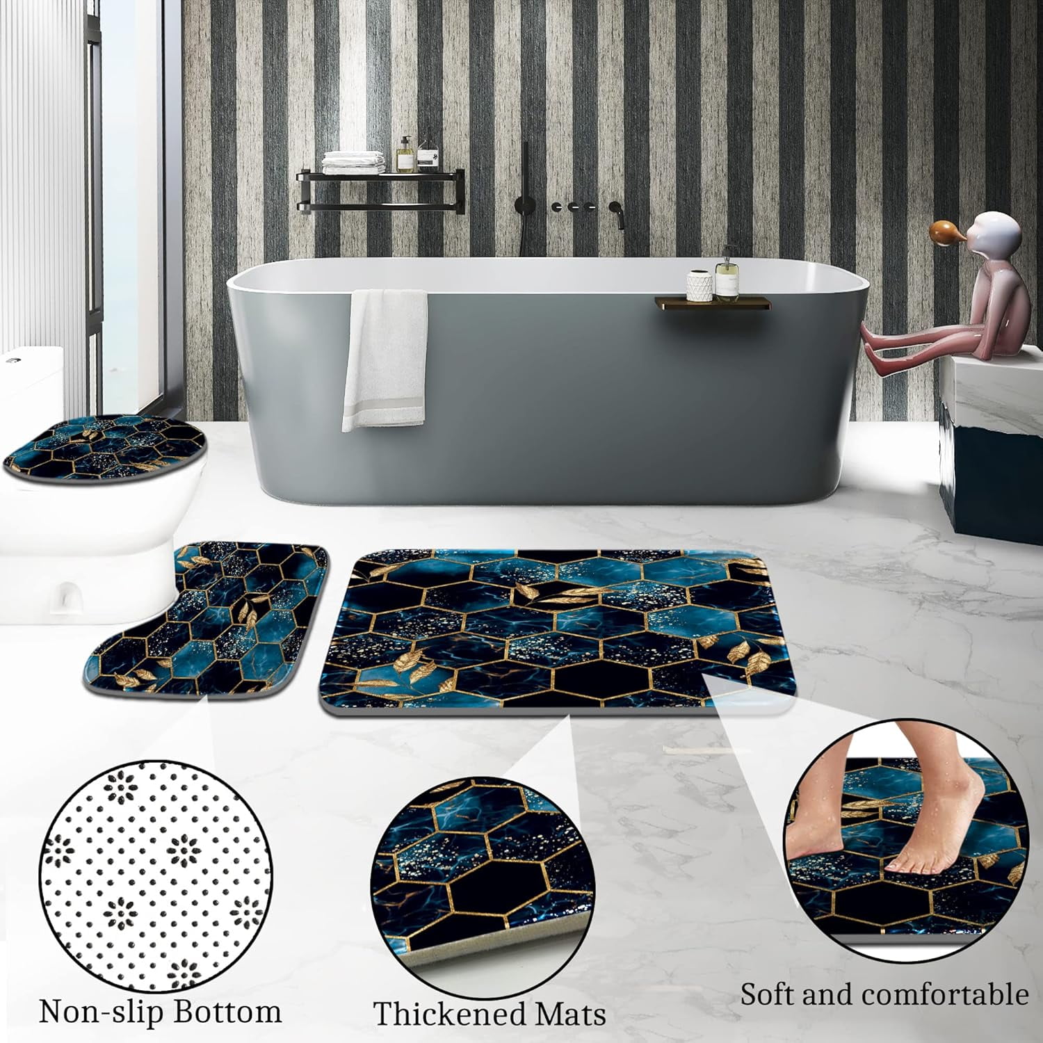 4 Pcs Bathroom Shower Curtain Set,Bathroom Sets with Rugs(Bath Mat,U Shape and Toilet Lid Cover Mat) and 12 Hooks,Sky Blue Honeycomb Marble
