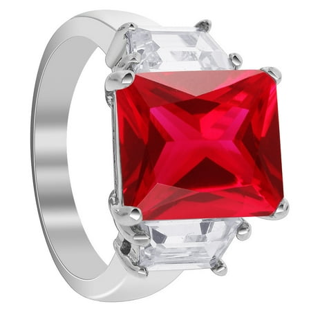 Avenue Mary Janes - Gem Avenue Sterling Silver Ruby Cubic Zirconia Ring Emerald Cut Three Stone Engagement CZ