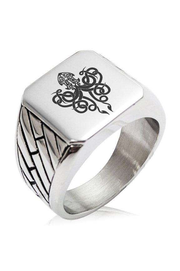 Stainless Steel Tribal Kraken Geometric Pattern Biker Style Polished Ring