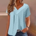 thumbnail image 4 of Lovskoo Plus Size Eyelet Summer Tops for Women 2024 V Neck Short Sleeve Solid Color Print Blouse Pullover Tops Blouses Light Blue, 4 of 7